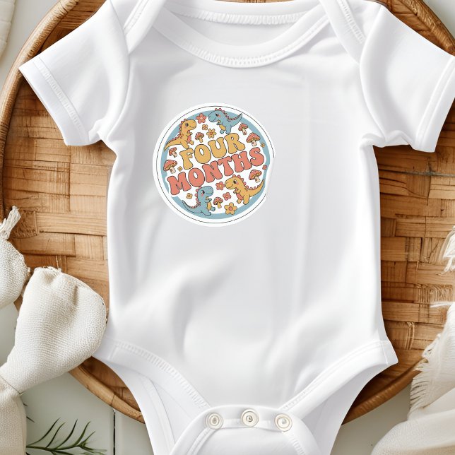 Pegatina Redonda Retro Boho Dinosaur Baby Four Months Milestone (Subido por el creador)