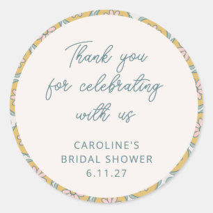 Pegatina Redonda Retro Boho Floral Amarillo Ducha Personalizada de 