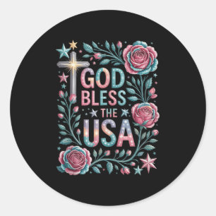 Pegatina Redonda Retro Boho Floral God Bless The Usa Christian 4th