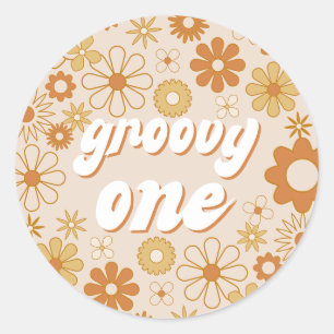 Pegatina Redonda Retro Boho Groovy Un primer cumpleaños hippie