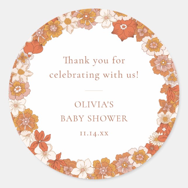 Pegatina Redonda Retro Boho Orange Floral Baby Shower Thank You (Anverso)