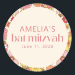 Pegatina Redonda Retro Boho Pink Floral Groovy Bat Mitzvah Personal<br><div class="desc">Retro Boho amarillo rosa Floral Groovy Personalizado Bat Mitzvah Pegatina redondo clásico</div>
