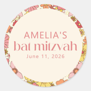 Pegatina Redonda Retro Boho Pink Floral Groovy Bat Mitzvah Personal