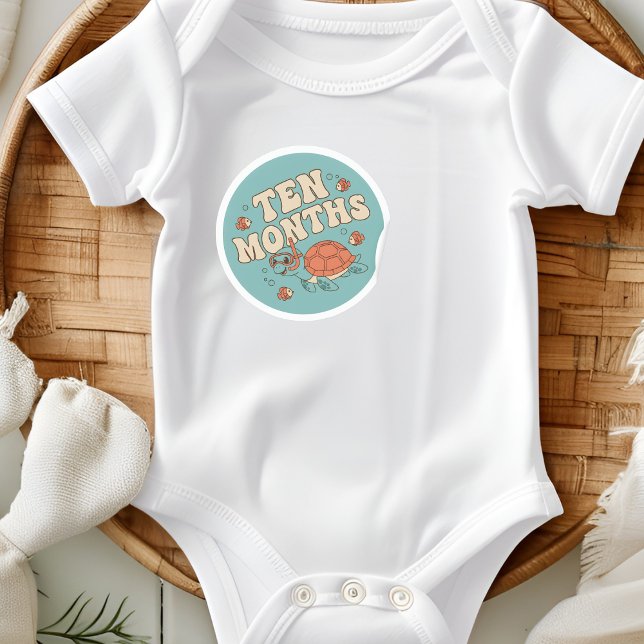 Pegatina Redonda Retro Boho Sea Turtle Baby Ten Months Milestone (Subido por el creador)