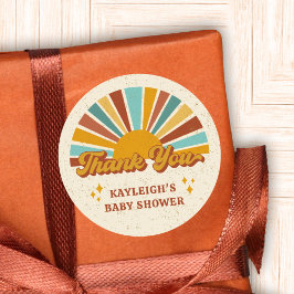 Pegatina Redonda Retro Boho Sun Baby Shower Gracias Nombre