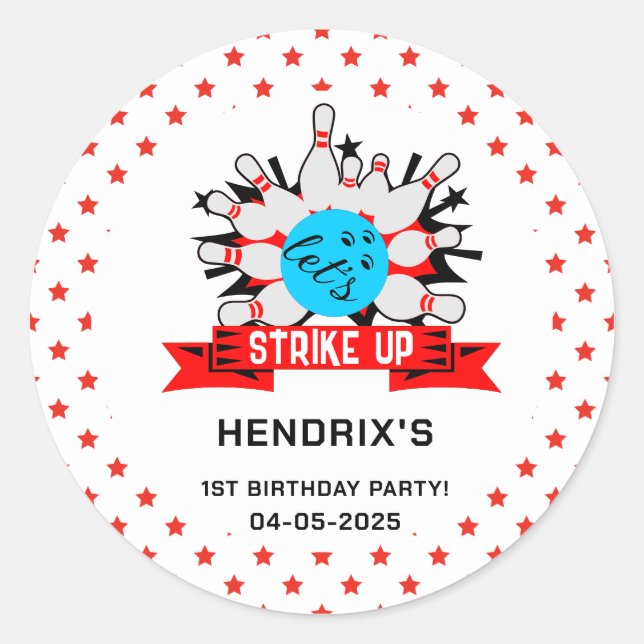 Pegatina Redonda Retro Bowling Kids 1st Birthday Party Classic Roun (Anverso)
