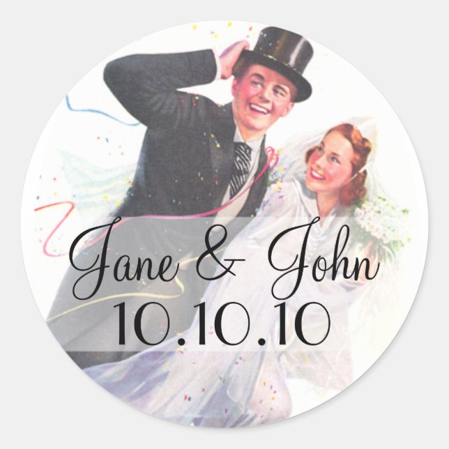 Pegatina Redonda Retro Bride y Groom Boda (Anverso)