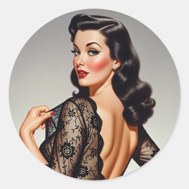 Pegatina Redonda Retro Brunette Pin-up Girl 50's Glamour Style (Anverso)