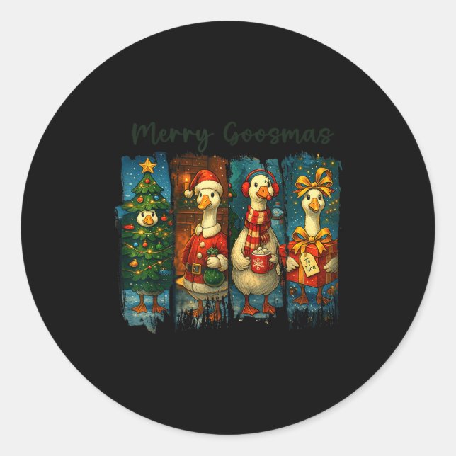 Pegatina Redonda Retro Brushstroke Goose Christmas Merry Goosmas Xm (Anverso)