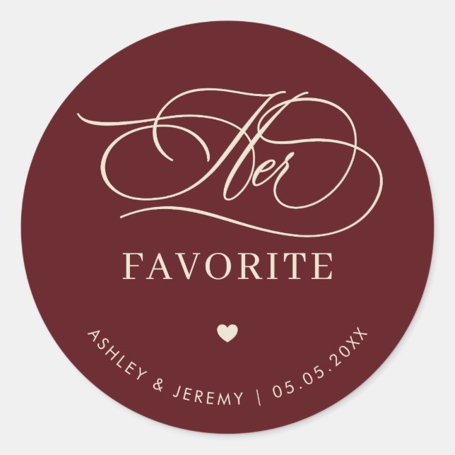 Pegatina Redonda Retro Burgundy Ivory Her Favorite Wedding Favor   (Anverso)