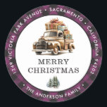 Pegatina Redonda Retro Camión Purple Merry Christmas Return Address<br><div class="desc">Crear hermosos Navidades devuelven etiquetas de dirección con un camión retro dentro de un marco de manto de búfalo morado. Personalice fácilmente estas etiquetas de Navidades a cuadros morados con su nombre y dirección.</div>