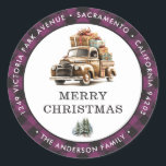 Pegatina Redonda Retro Camión Purple Merry Christmas Return Address<br><div class="desc">Crear hermosos Navidades devuelven etiquetas de dirección con un camión retro dentro de un marco de manto de búfalo morado. Personalice fácilmente estas etiquetas de Navidades a cuadros morados con su nombre y dirección.</div>