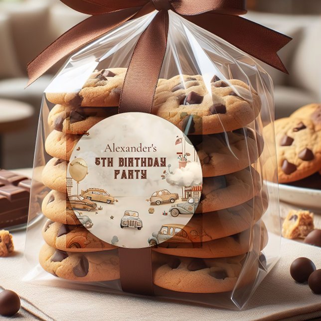 Pegatina Redonda Retro Car Themed Kids Birthday (Subido por el creador)