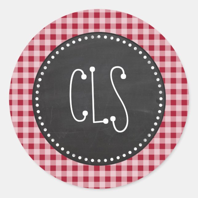 Pegatina Redonda Retro Chalkboard; Carmine Red Gingham; Checkered (Anverso)