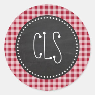 Pegatina Redonda Retro Chalkboard; Carmine Red Gingham; Checkered