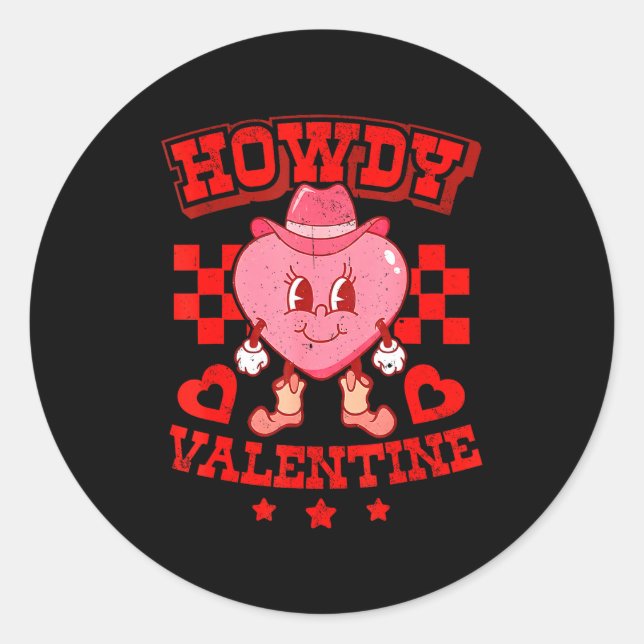 Pegatina Redonda Retro Checkered Howdy Western Valentines Day Cowbo (Anverso)