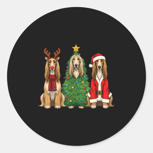Pegatina Redonda Retro Christmas Afghan Hound Santa Reindeer Dog Lo (Anverso)