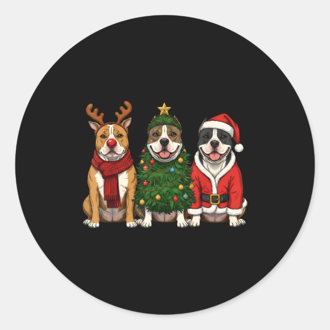 Pegatina Redonda Retro Christmas American Bully Santa Reindeer Dog  (Anverso)