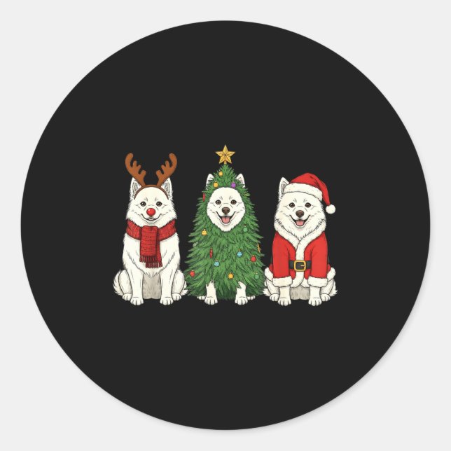 Pegatina Redonda Retro Christmas American Eskimo Dog Santa Reindeer (Anverso)