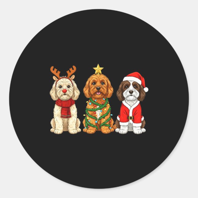 Pegatina Redonda Retro Christmas Ao Santa Reindeer Dog Lover  (Anverso)