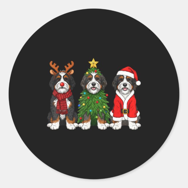 Pegatina Redonda Retro Christmas Bernedoodle Santa Reindeer Dog Lov (Anverso)