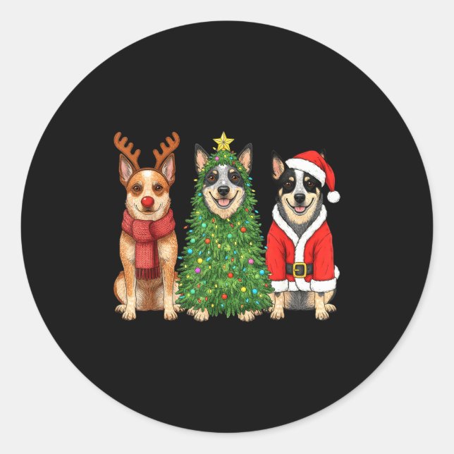 Pegatina Redonda Retro Christmas Blue Heeler Santa Reindeer Dog Lov (Anverso)