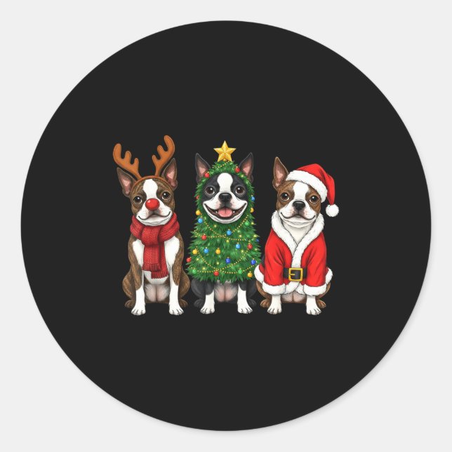 Pegatina Redonda Retro Christmas Boston Terrier Santa Reindeer Dog  (Anverso)