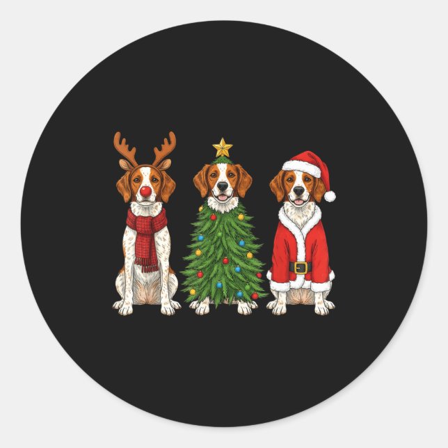Pegatina Redonda Retro Christmas Brittany Spaniel Santa Reindeer Do (Anverso)