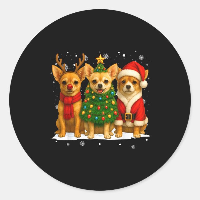 Pegatina Redonda Retro Christmas Chihuahua Santa Reindeer Dog Lover (Anverso)