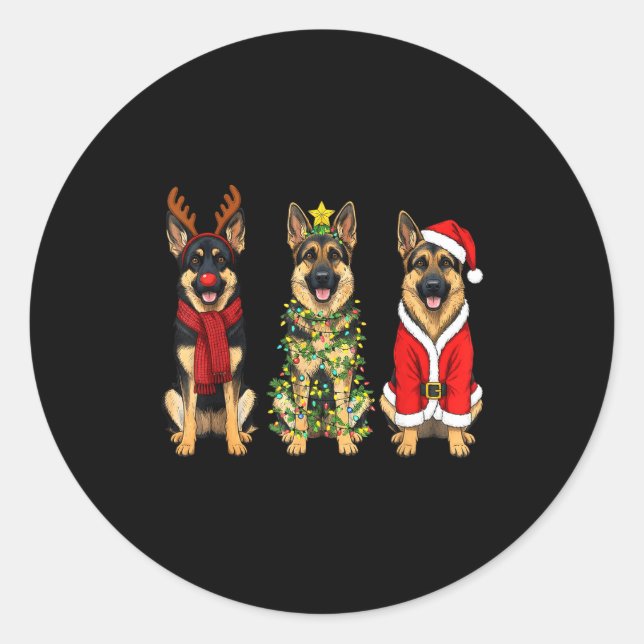 Pegatina Redonda Retro Christmas German Shepherd Santa Reindeer Gsd (Anverso)
