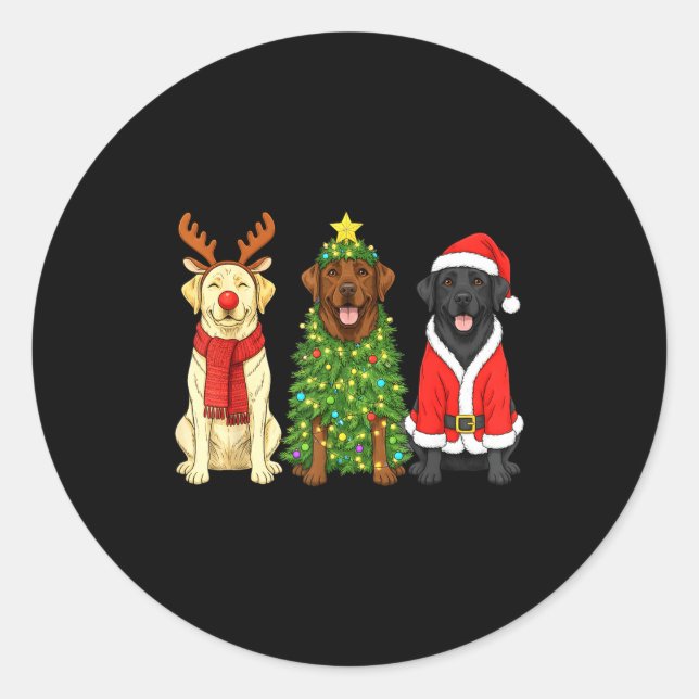 Pegatina Redonda Retro Christmas Labrador Retriever Santa Reindeer  (Anverso)