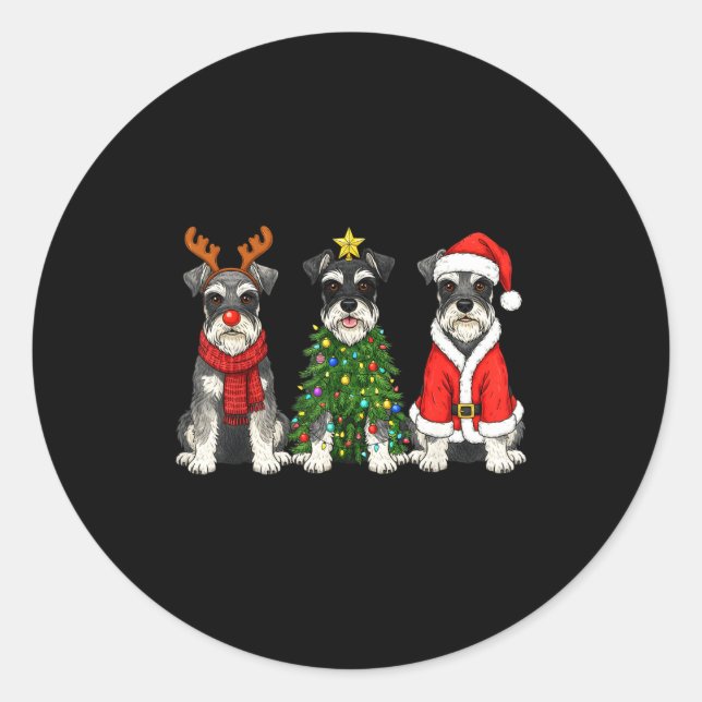 Pegatina Redonda Retro Christmas Miniature Schnauzer Santa Reindeer (Anverso)