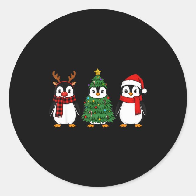 Pegatina Redonda Retro Christmas Penguin Santa Reindeer  (Anverso)