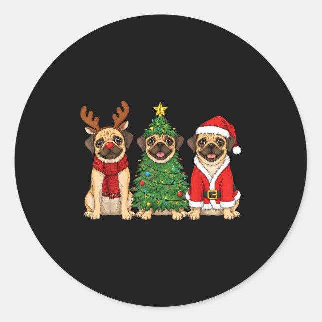 Pegatina Redonda Retro Christmas Puggle Santa Reindeer Dog Lover  (Anverso)