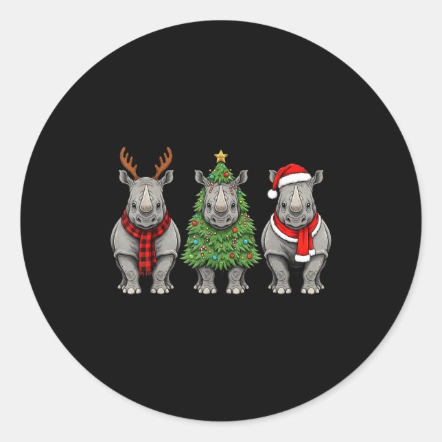 Pegatina Redonda Retro Christmas Rhino Santa Reindeer Safari Animal (Anverso)