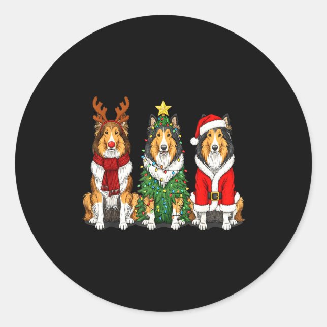 Pegatina Redonda Retro Christmas Rough Collie Santa Reindeer Dog Lo (Anverso)