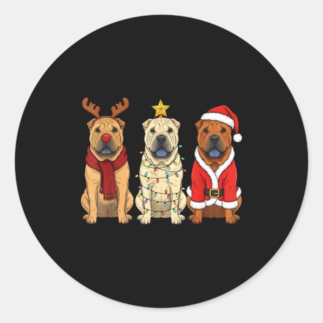 Pegatina Redonda Retro Christmas Shar Pei Santa Reindeer Dog Lover  (Anverso)