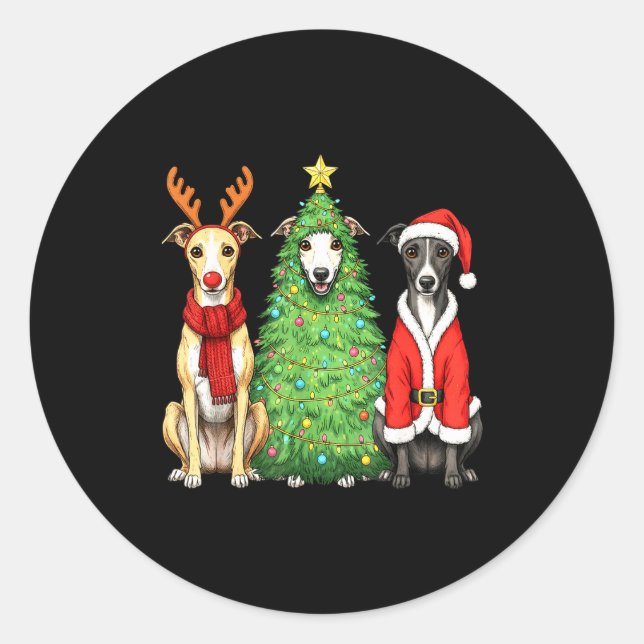 Pegatina Redonda Retro Christmas Whippet Santa Reindeer Dog Lover  (Anverso)