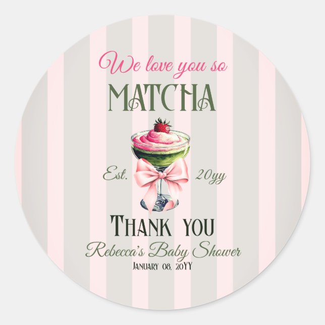 Pegatina Redonda Retro Club Pink Bow Te Amas Matcha Baby Shower (Anverso)