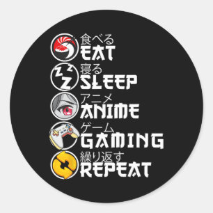 Pegatina Redonda Retro Comer Dormir Anime Juegos Repetir Kawaii Ani