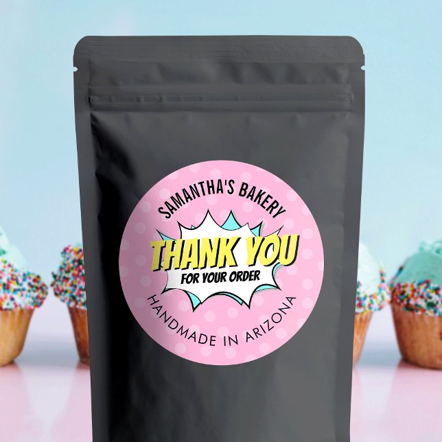 Pegatina Redonda Retro Comic Fun Pink Bakery Gracias Por La Orden (Add the finishing touch to your products & packages with these retro Business Thank You Stickers)
