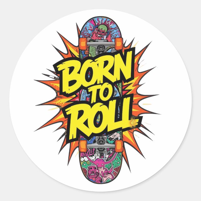 Pegatina Redonda Retro Comic Style "Born to Roll" Skater (Anverso)