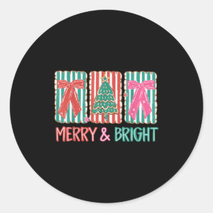 Pegatina Redonda Retro Coquette Bow Merry Y Bright Christmas Tree