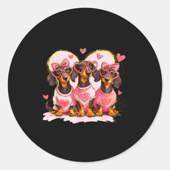 Pegatina Redonda Retro Dachshund With Heart Sungles Valentine's Day (Anverso)
