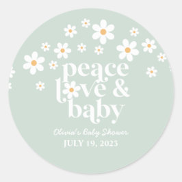 Pegatina Redonda Retro Daisy boho Peace Love Baby Shower