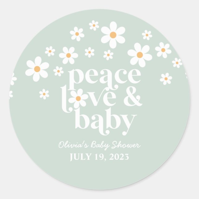 Pegatina Redonda Retro Daisy boho Peace Love Baby Shower (Anverso)