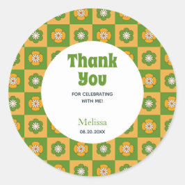 Pegatina Redonda Retro Daisy Floral Checkered Green Gracias