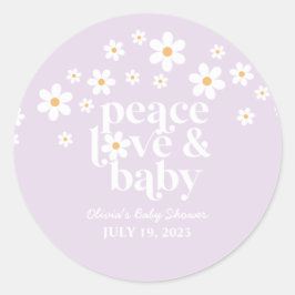 Pegatina Redonda Retro Daisy lavender boho Peace Love Baby Shower