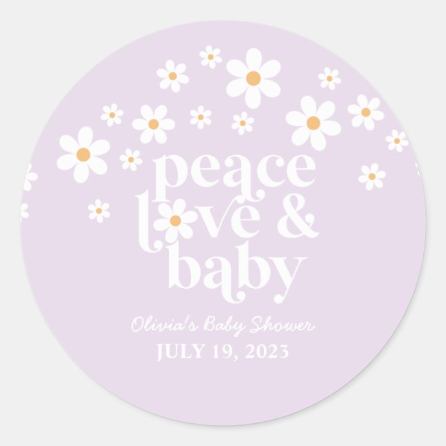 Pegatina Redonda Retro Daisy lavender boho Peace Love Baby Shower (Anverso)