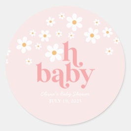 Pegatina Redonda Retro Daisy Pink Baby Shower